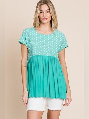 Lime 'N' Chili Full Size Embroidered Short Sleeve Pleated Babydoll Top Plus Size
